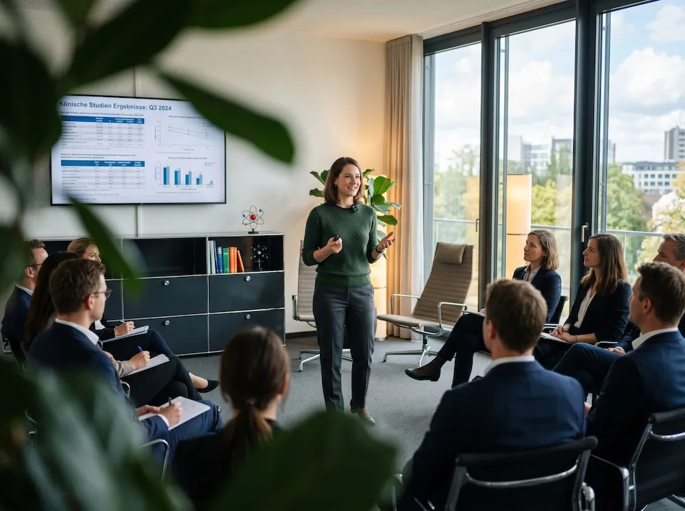 Eine Geschäftsfrau hält eine Präsentation vor einem Publikum in einem modernen Büro mit großen Fenstern und einem Bildschirm, der klinische Studienergebnisse zeigt.