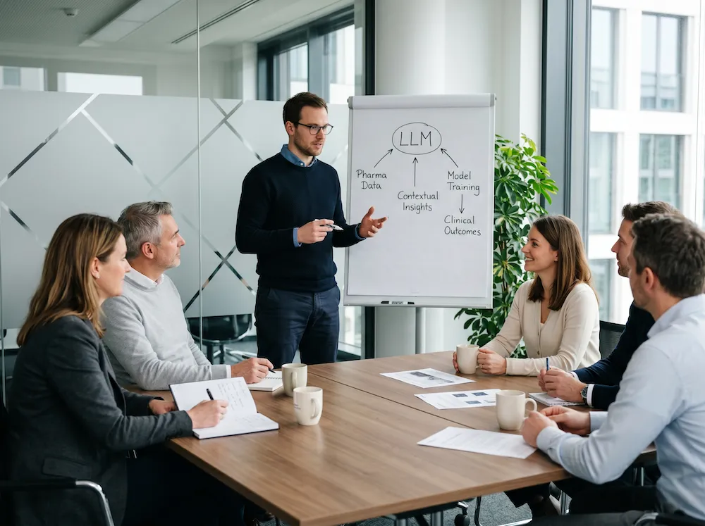 Ein Mann präsentiert vor einem Flipchart mit der Aufschrift LLM und einem Diagramm, während fünf Personen in einem Besprechungsraum aufmerksam zuhören.