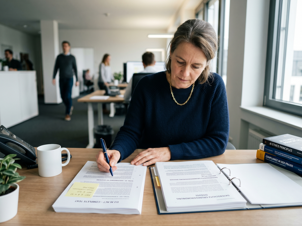 Frau in einem Büro, die an einem Schreibtisch mit mehreren Dokumenten und Ordnern arbeitet.