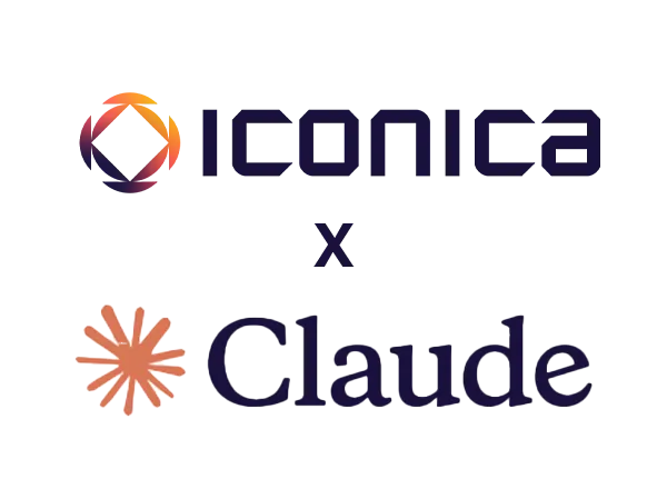 Logo featuring Iconica with an orange diamond shape and Claude with an orange sunburst symbol separated by an x.
