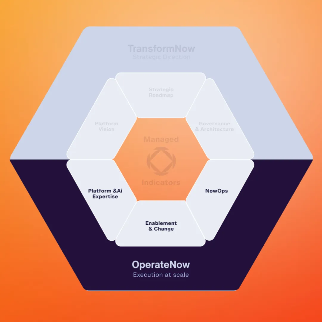 Hexagonal diagram showing OperateNow with Platform & AI Expertise, Enablement & Change, and NowOps.
