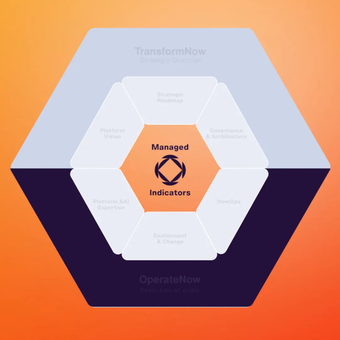 Hexagonal diagram with Managed Indicators at the center surrounded by six key strategic elements.