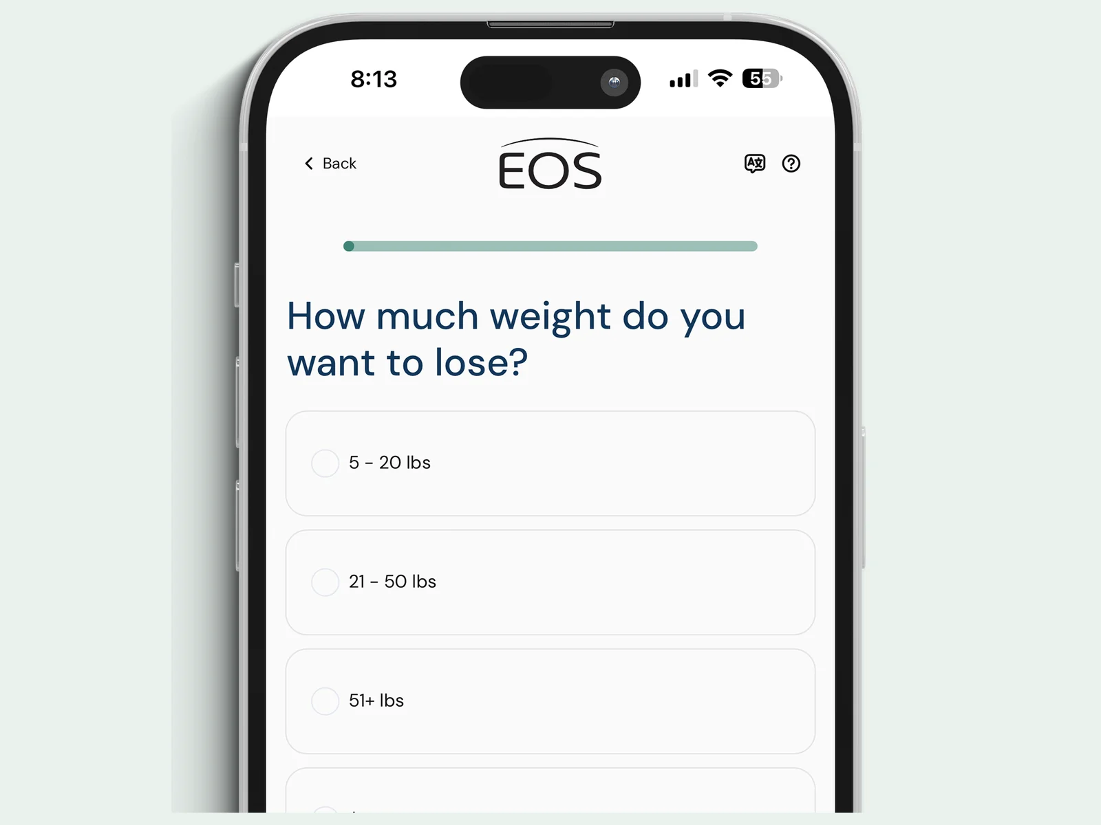 EOS Health online intake on a phone asking how much weight you want to lose