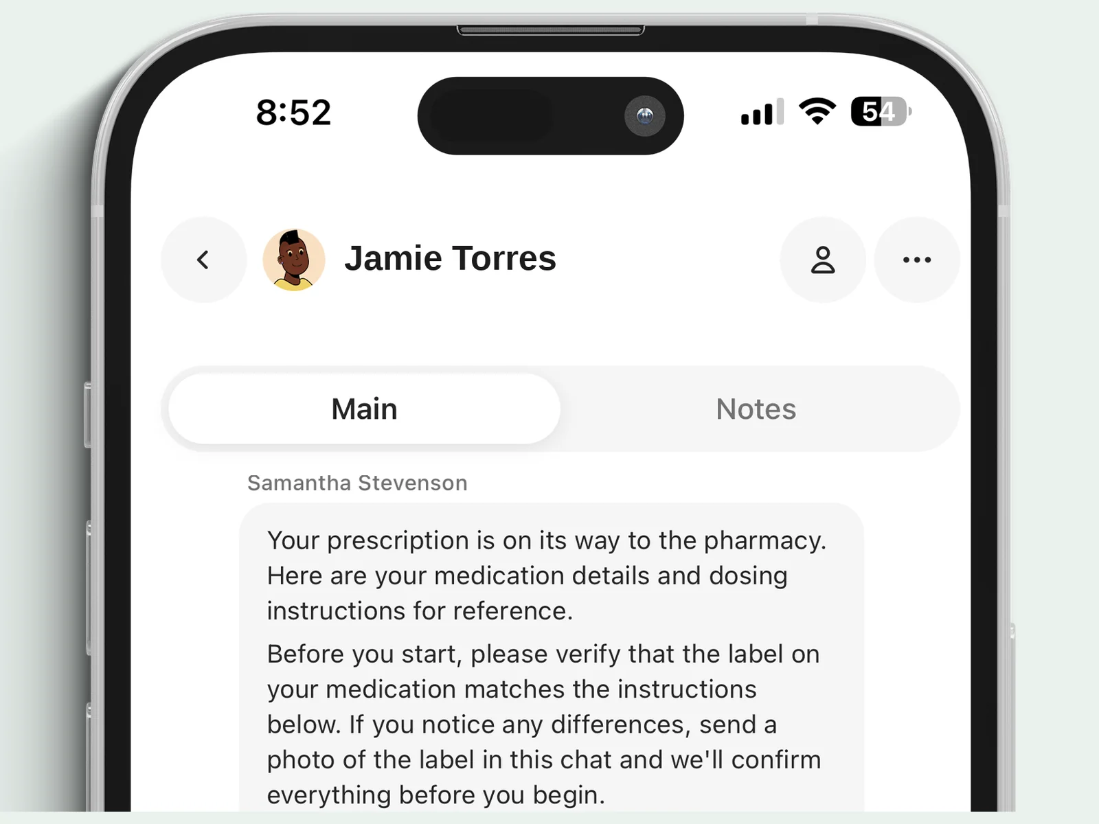 EOS Health care team message thread on a phone during GLP-1 treatment