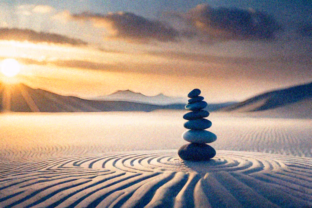 Stack of balanced stones on sand with concentric ripples and mountains at sunrise.