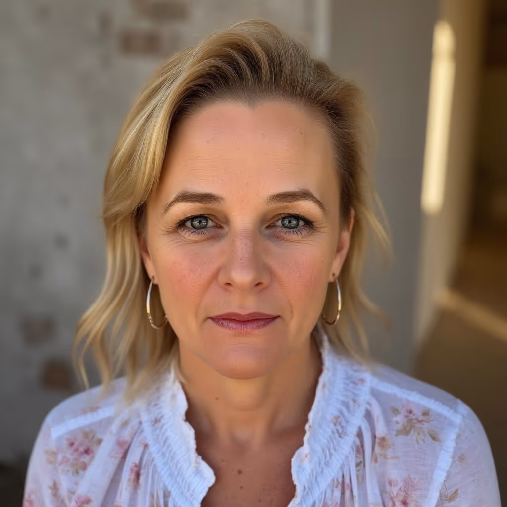 Blonde woman with blue eyes wearing hoop earrings and a white floral blouse, looking directly at the camera.