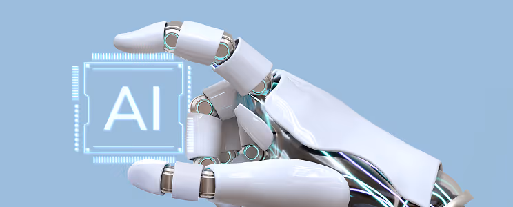 Robotic hand pointing at a glowing AI microchip symbol on a blue background.