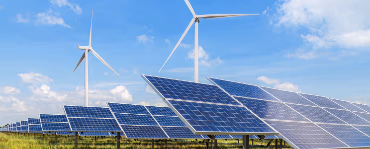 Rows of solar panels in a field with wind turbines in the background under a blue sky with clouds.