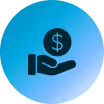 Icon of a hand holding a coin with a dollar sign inside a blue circular gradient background.