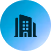 Icon of three stylized office buildings inside a blue circular gradient background.