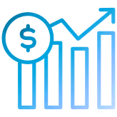 Icon of a bar chart with four ascending bars, a dollar symbol in a circle, and an upward arrow indicating money growth.