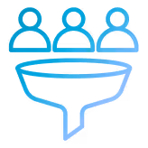 Three stylized human icons above a funnel symbolizing a conversion or sales funnel.