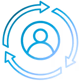 Blue icon of a person surrounded by three circular arrows representing continuous process or cycle.