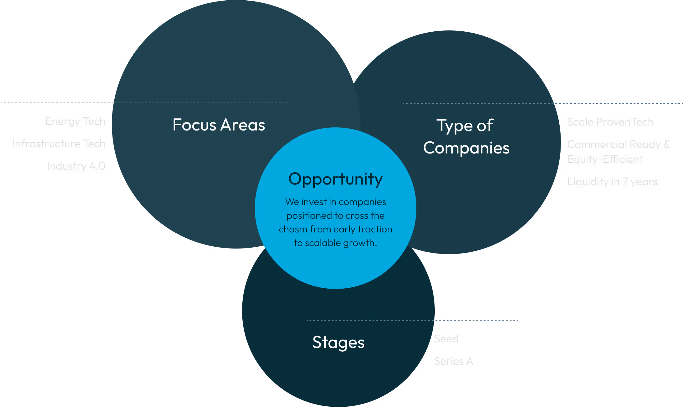 Venn diagram with three overlapping circles labeled Focus Areas, Type of Companies, and Stages; center circle labeled Opportunity with text about investing in companies crossing from early traction to scalable growth.