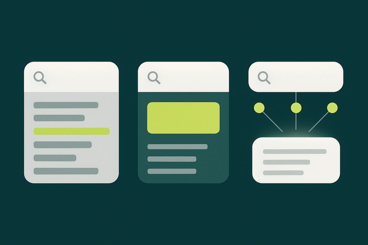 Diagram comparing SEO ranked links, AEO answer box, and GEO synthesized multi-source answer