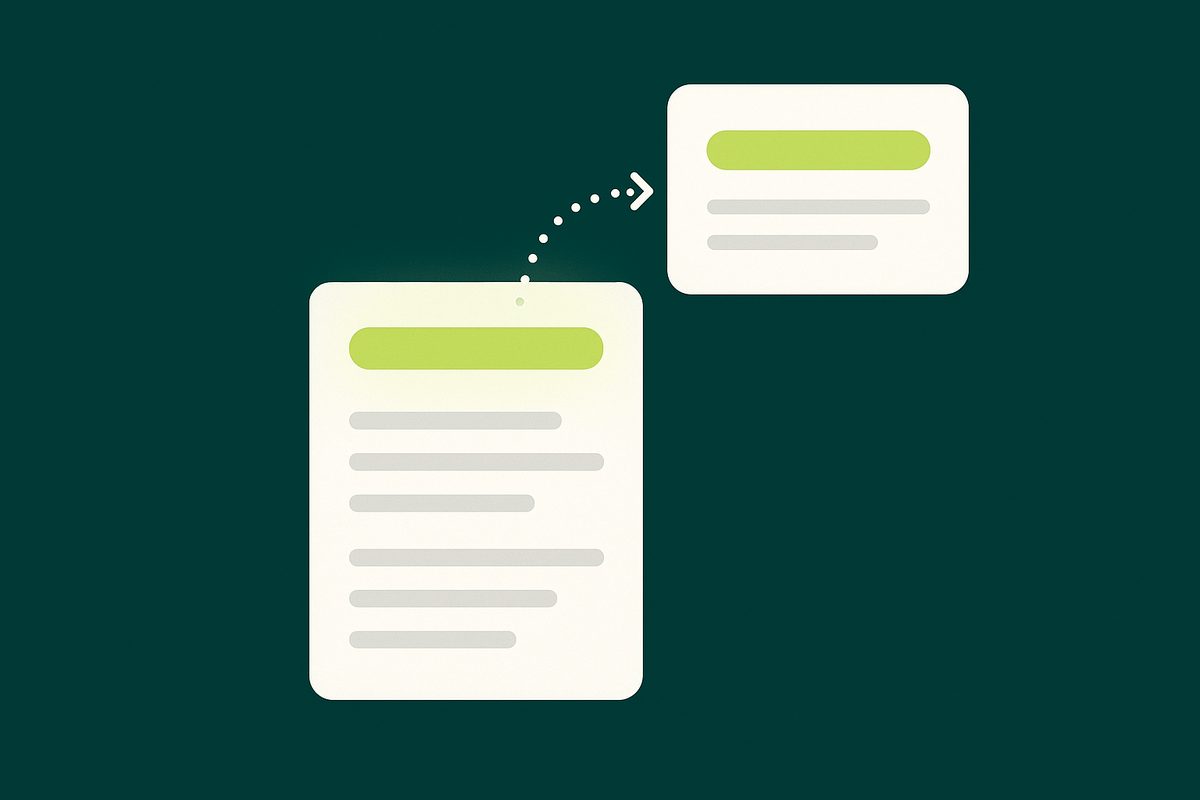 A document whose top section glows and is lifted out into a separate answer card, showing answer-first extraction