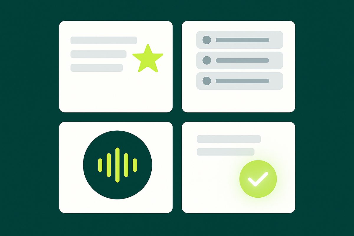 Four panels showing where answers appear: featured snippet, People Also Ask, voice assistant, and AI answer
