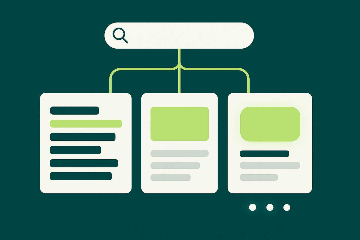 One search query branching into three different result types: ranked links, an answer box, and an AI-synthesized answer