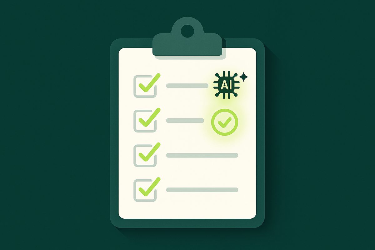 GEO checklist clipboard with green checkmarks and an AI chip