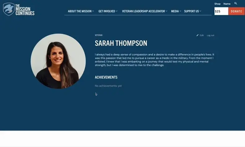 Mission Continues profile page section animation