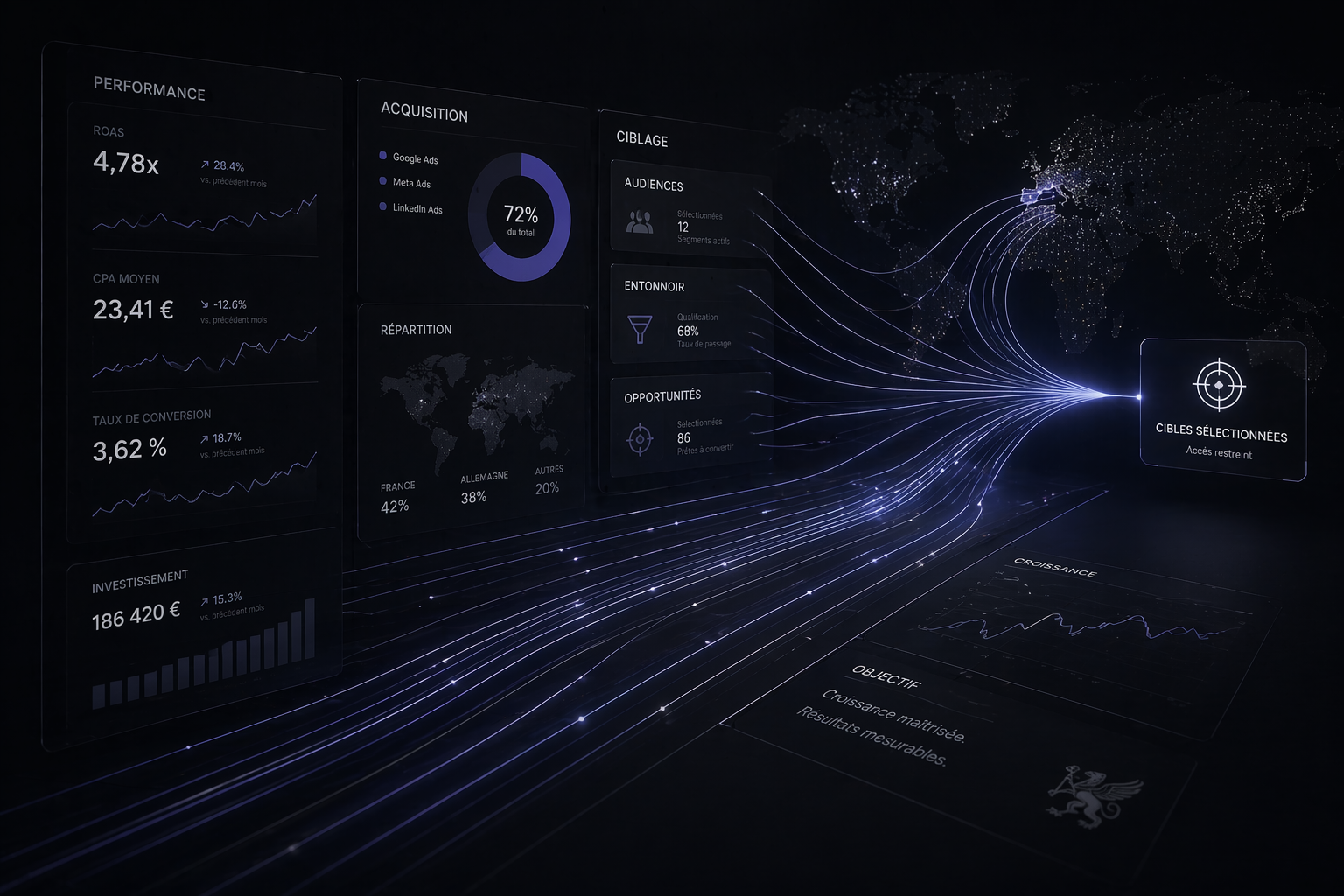 Tableau de bord marketing numérique en français montrant la performance avec ROAS 4,78x, CPA moyen 23,41 €, taux de conversion 3,62 %, investissement 186 420 €, acquisition avec 72 % via Google Ads, répartition géographique, ciblage d'audiences, entonnoir de qualification et opportunités vers cibles sélectionnées.