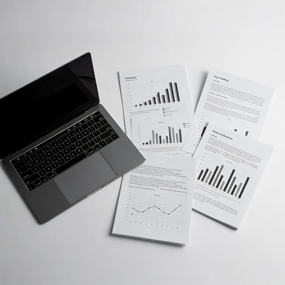 Ordinateur portable gris ouvert à côté de plusieurs feuilles de papier avec des graphiques et des diagrammes sur un fond blanc.