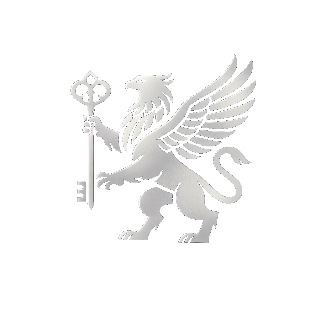 Blason argenté d'un griffon tenant une clé, sur fond noir.