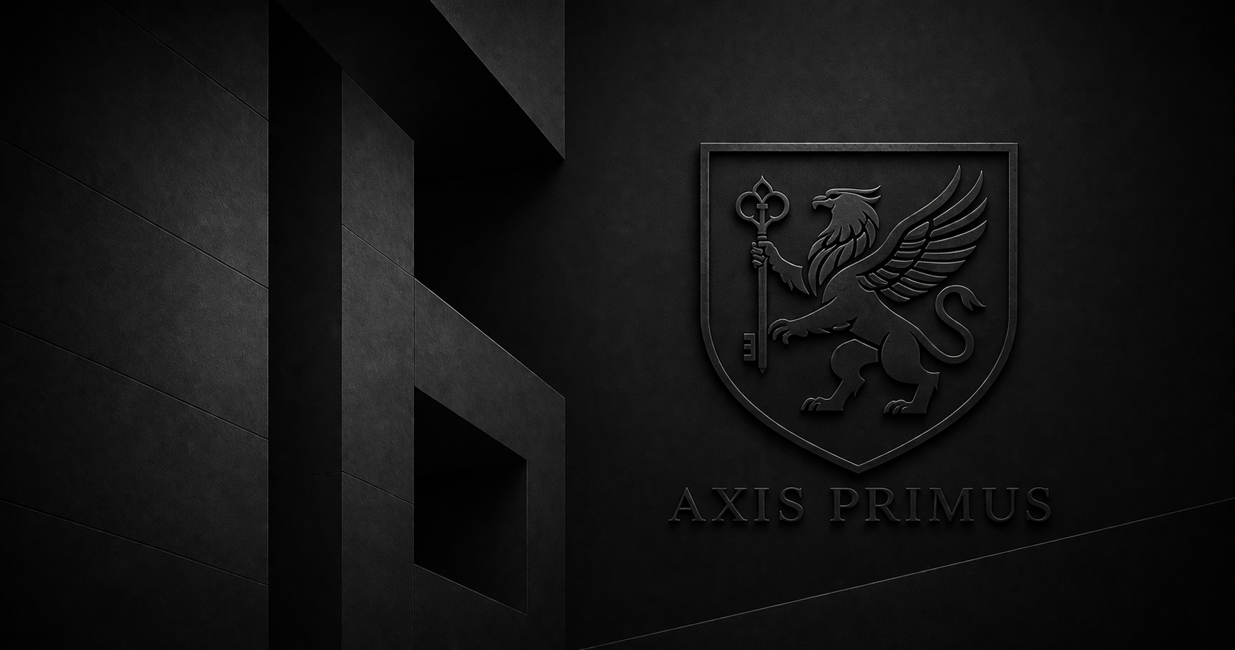 Emblème noir d'un griffon tenant une clé dans un écusson avec le texte AXIS PRIMUS en dessous.