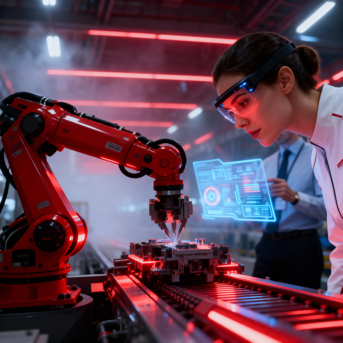 Technicienne en blouse blanche utilisant des lunettes de réalité augmentée pour contrôler un bras robotique rouge dans une usine futuriste éclairée de néons rouges.