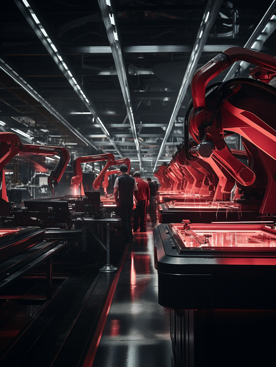 Chaîne de montage industrielle avec bras robotiques rouges en fonctionnement surveillés par des opérateurs humains.