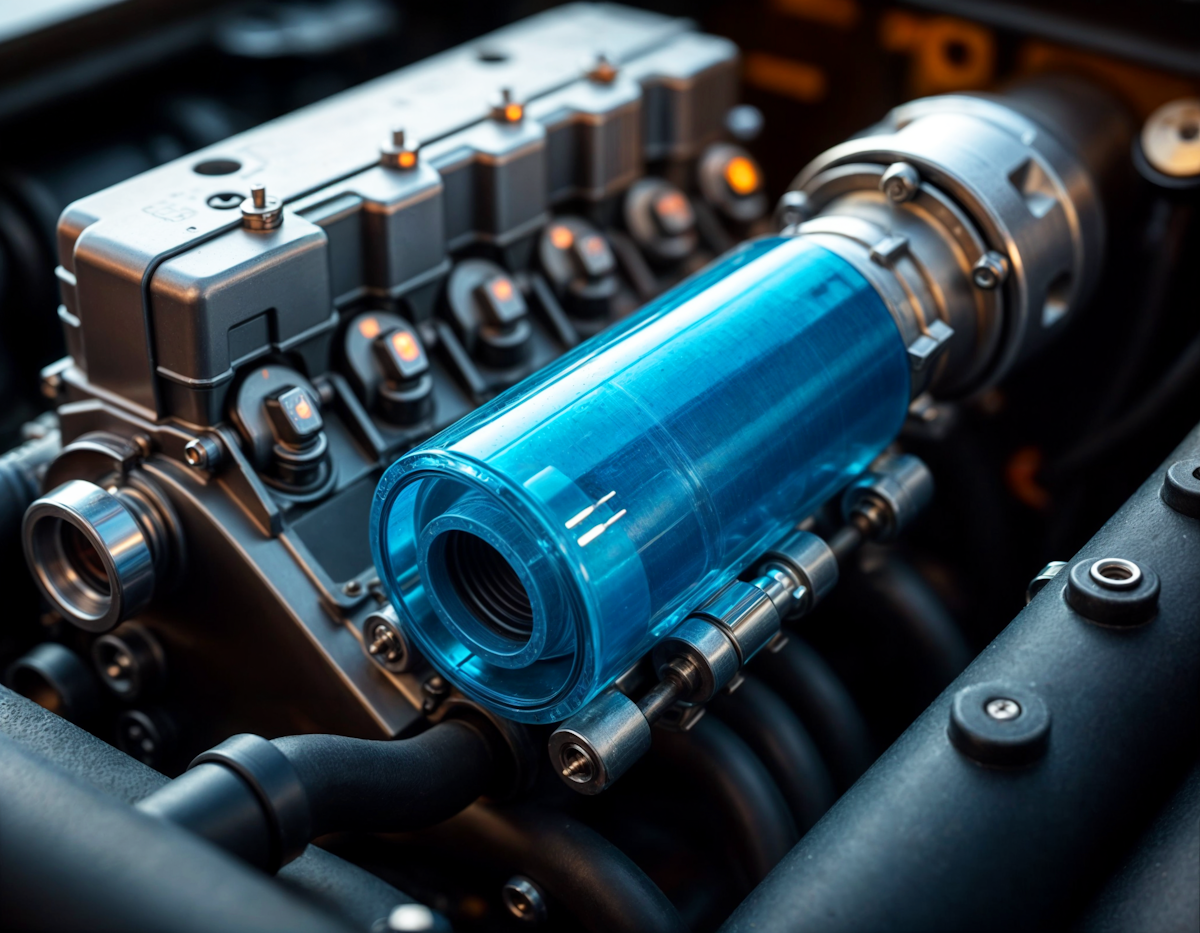 Composant mécanique de moteur avec un cylindre bleu transparent et des pièces métalliques environnantes.