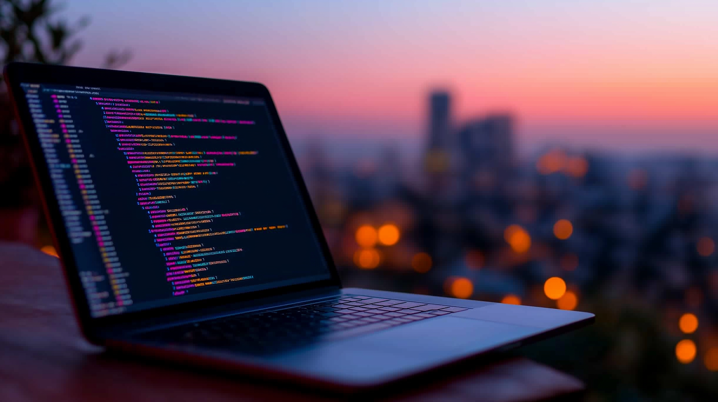 Ordinateur portable affichant du code coloré sur l'écran avec un coucher de soleil urbain en arrière-plan flou.