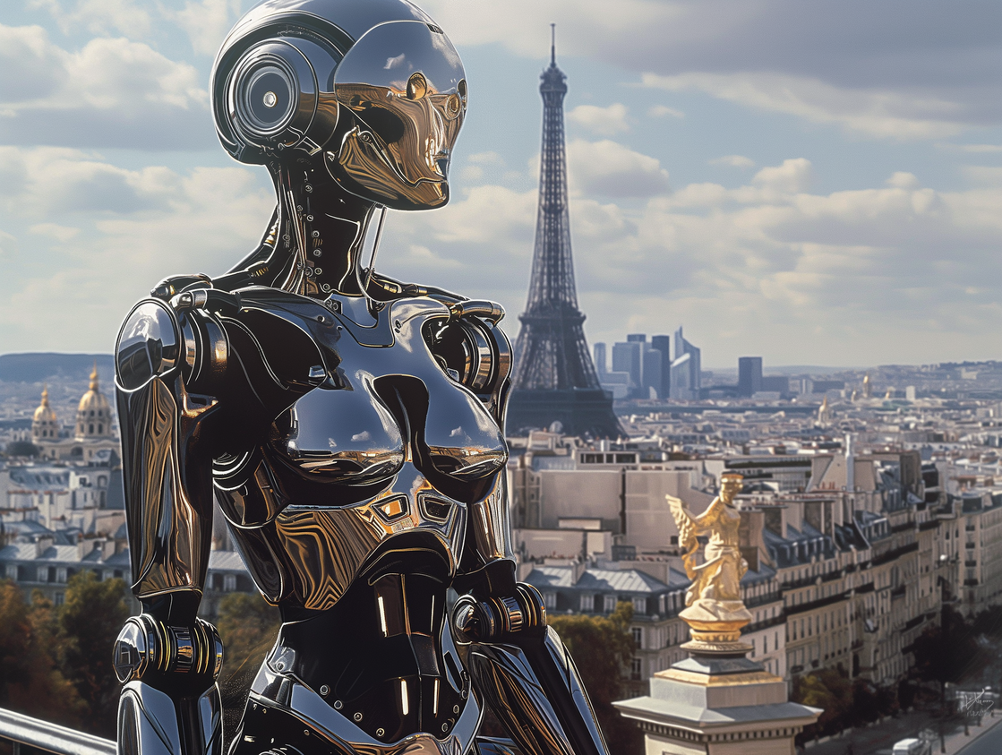 Bras robotisés futuristes en métal et transparent effectuant une tâche complexe sur une machine industrielle avec protection transparente.