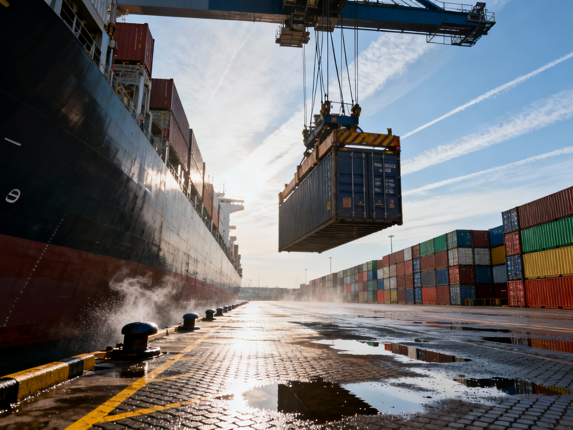 Conteneur maritime bleu suspendu par une grue au-dessus du quai d'un port avec un navire de charge et des piles de conteneurs colorés.