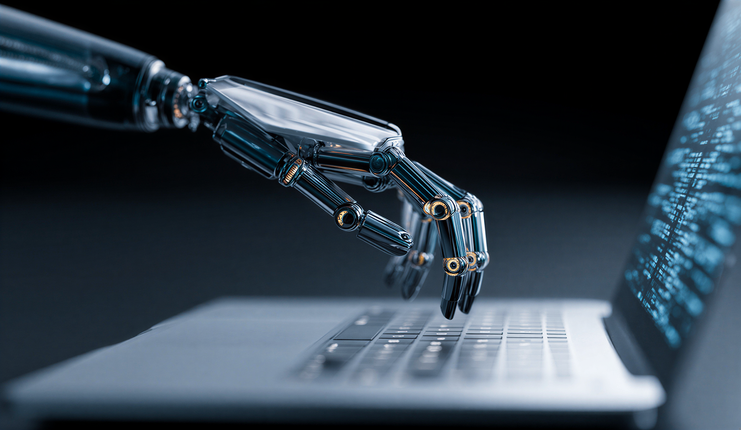 Main robotique métallique tapant sur un clavier d'ordinateur portable avec un écran affichant du code.