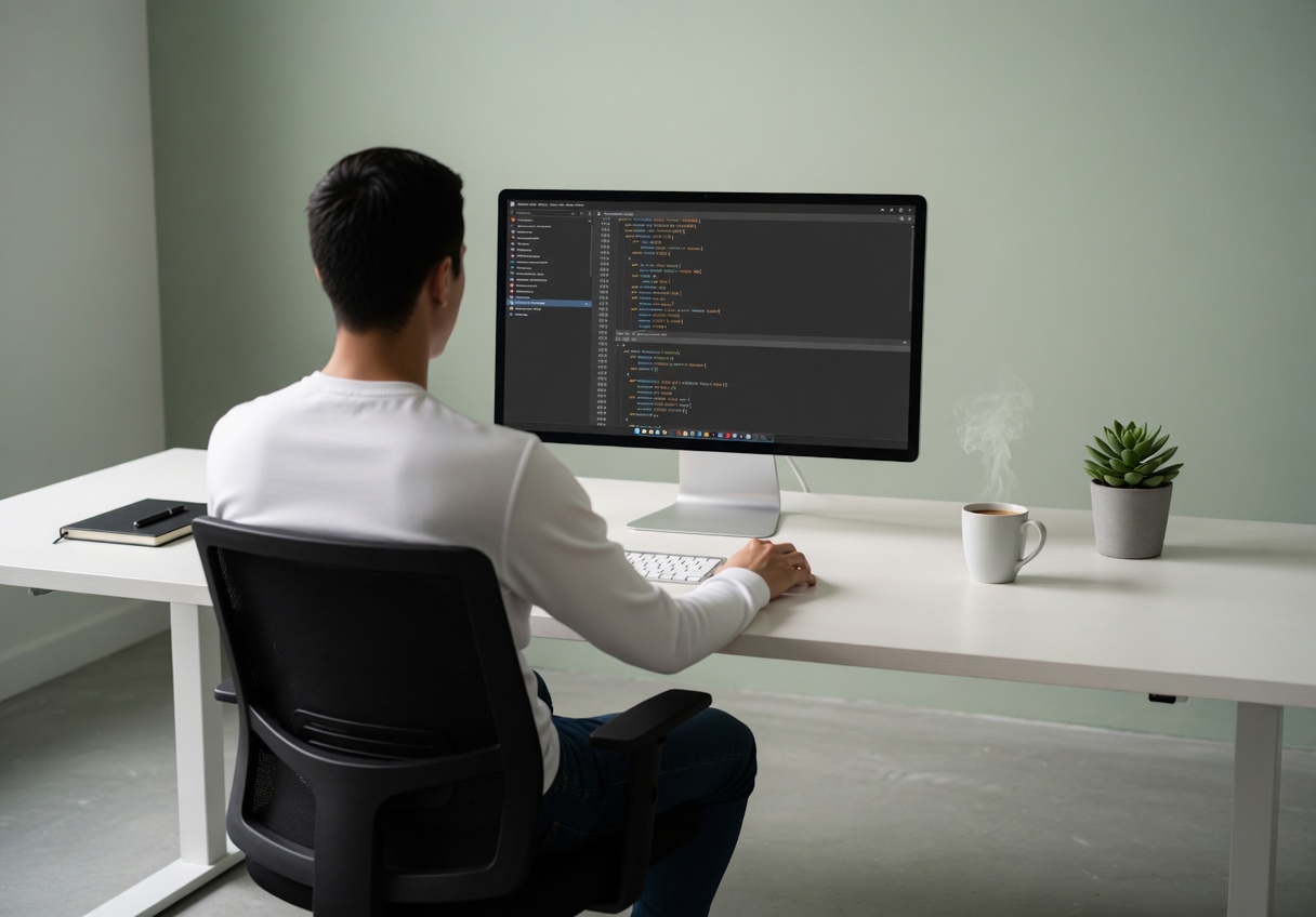 Person travaillant sur un ordinateur affichant du code dans un environnement de développement.
