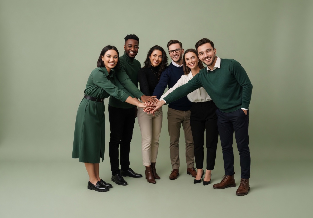 Groupe de six collègues souriants unissant leurs mains en signe d'esprit d'équipe.