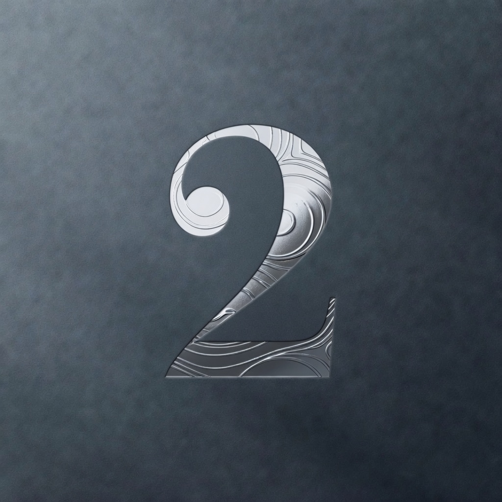 Nombre 2 avec un design en métal texturé sur fond gris foncé flou.