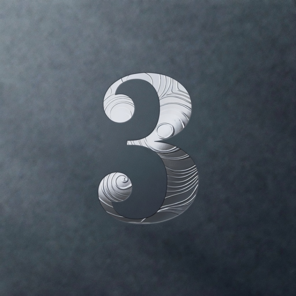 Chiffre trois argenté avec texture tourbillonnante sur fond gris foncé texturé.
