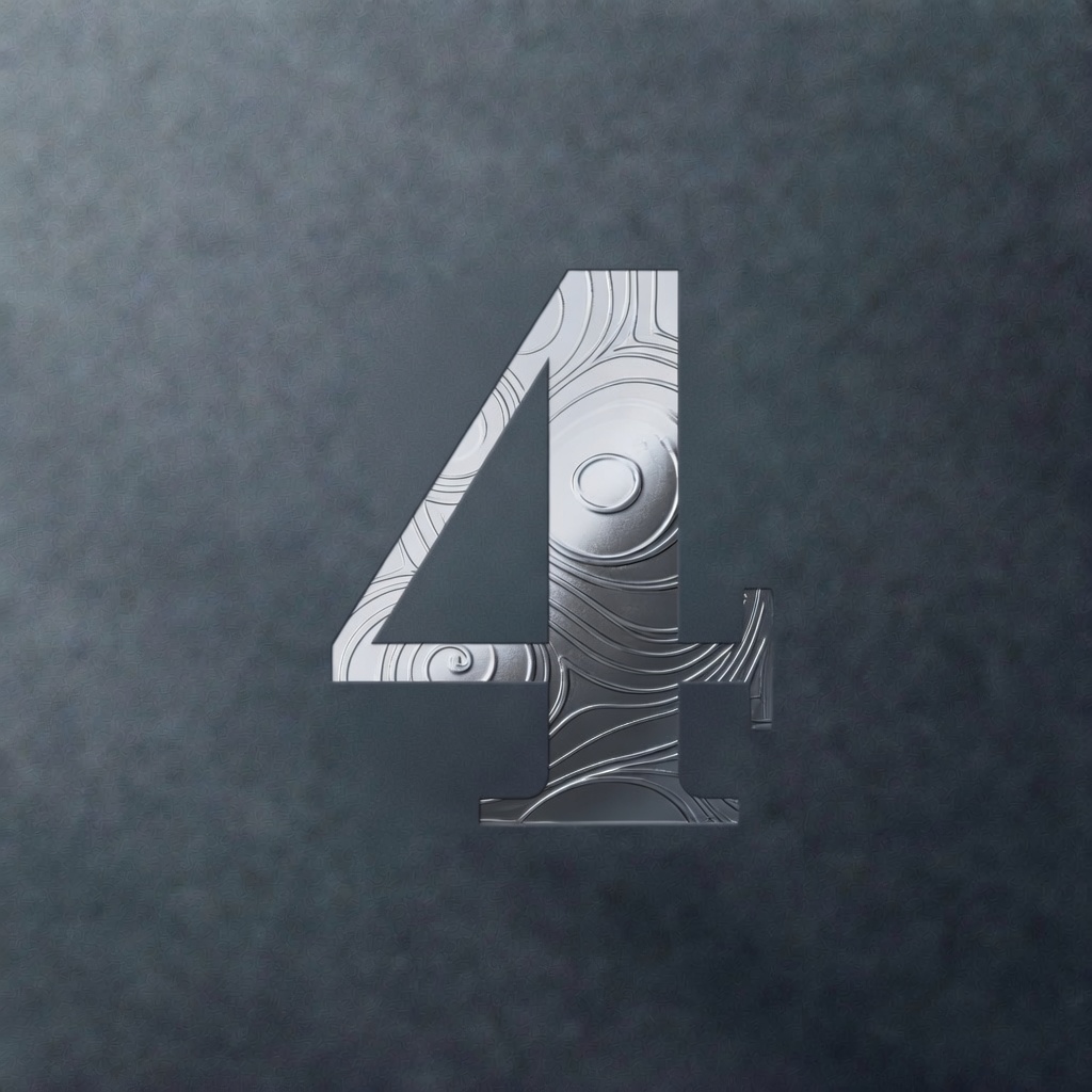 Chiffre 4 en métal avec motifs gravés sur fond gris texturé.