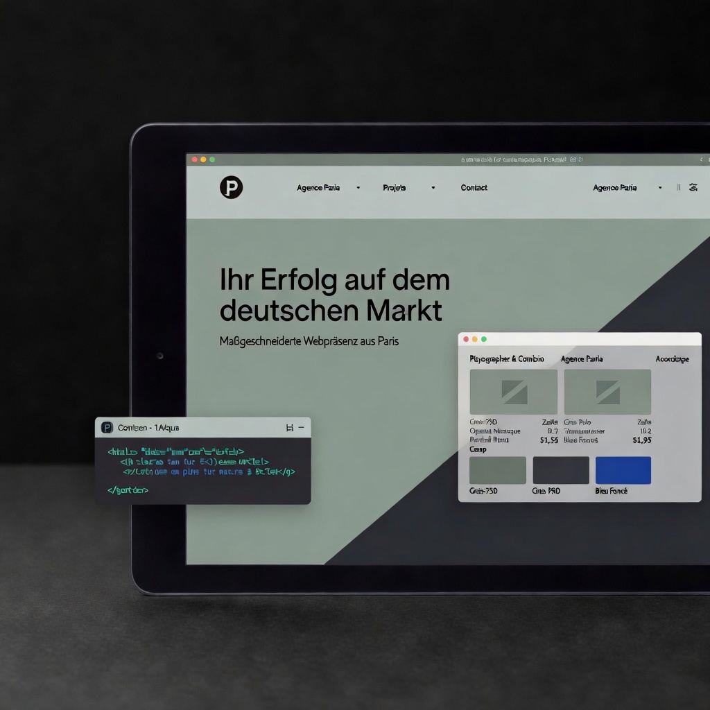 Écran de tablette montrant un site web en allemand sur le succès dans le marché allemand.