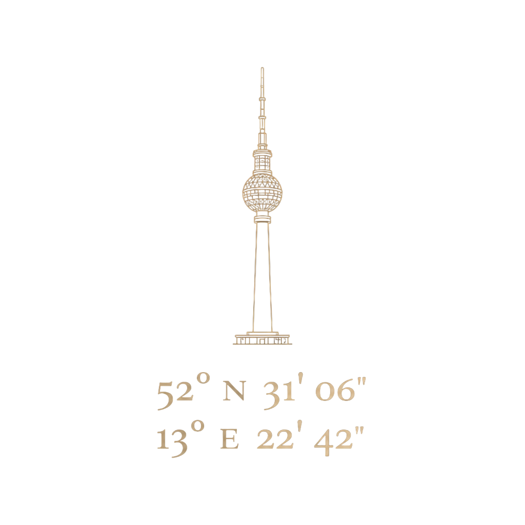 Coordonnées géographiques de Berlin : 52° N 31' 06" et 13° E 22' 42" sur fond noir.