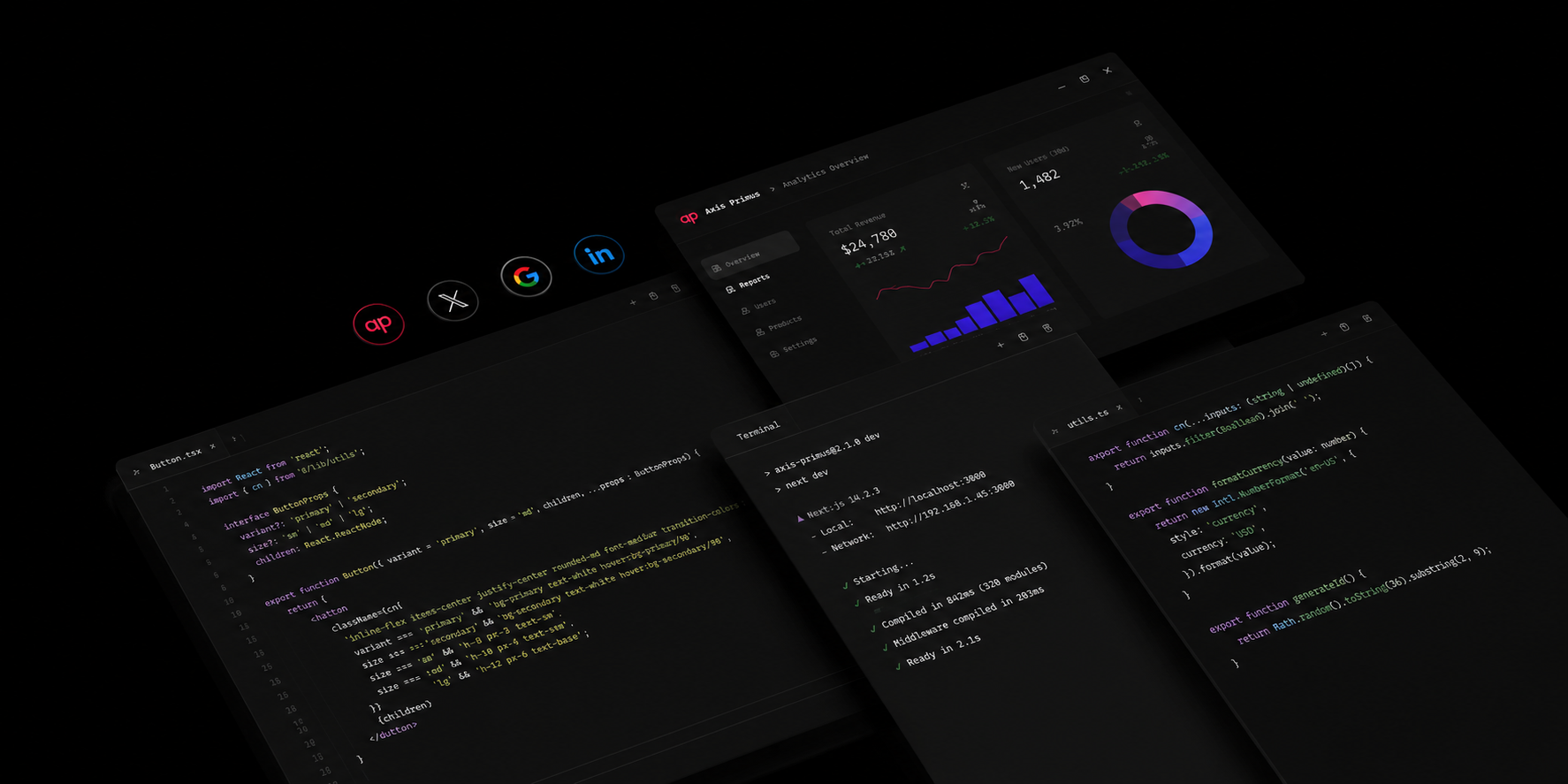 Trois écrans d'ordinateur affichant du code source, des statistiques et un terminal de commande.