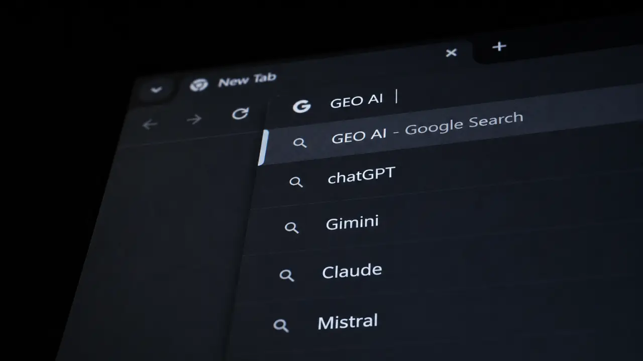 Capture d'écran d'une barre de recherche avec des suggestions comme GEO AI, chatGPT, Gimini, Claude, Mistral.