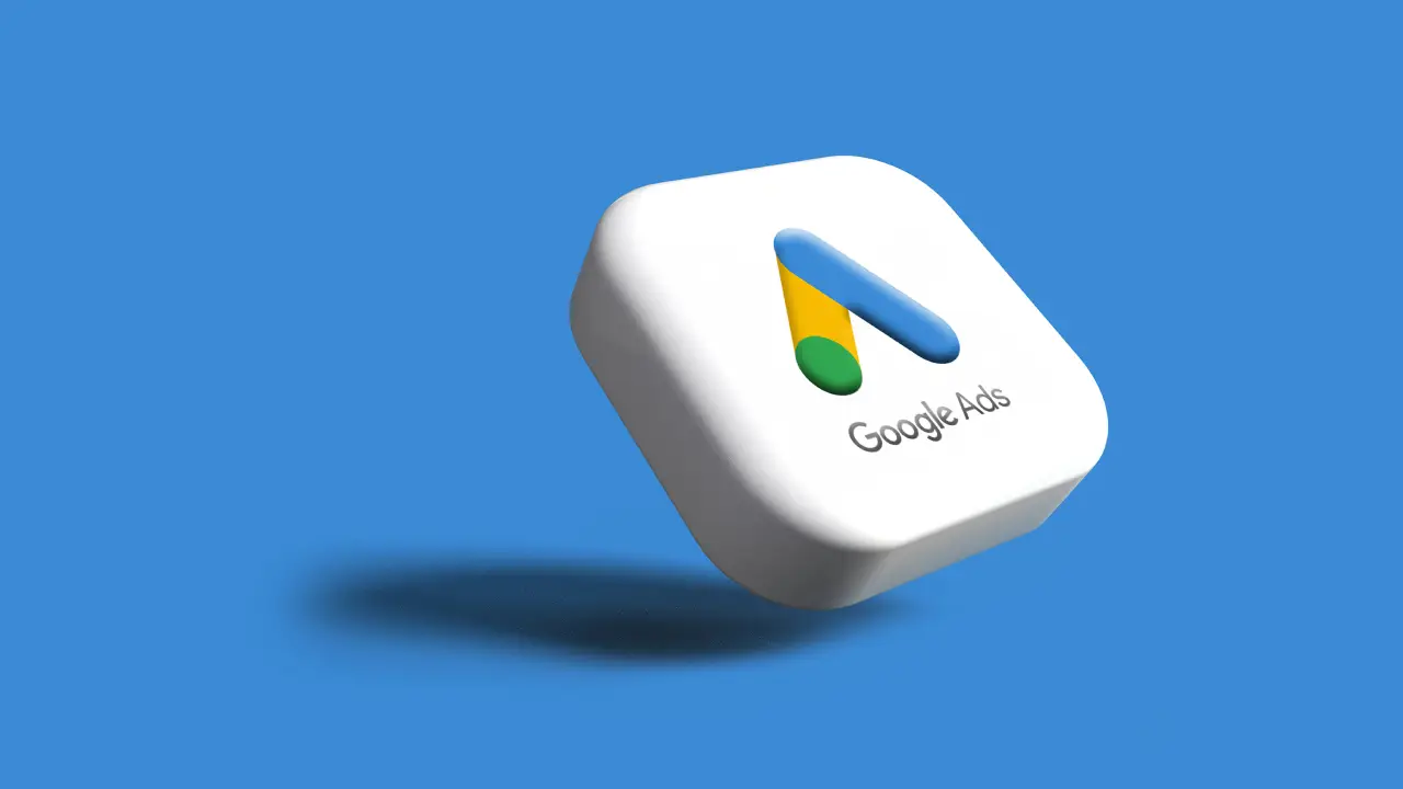 Icône flottante Google Ads blanche avec logo coloré sur fond bleu.