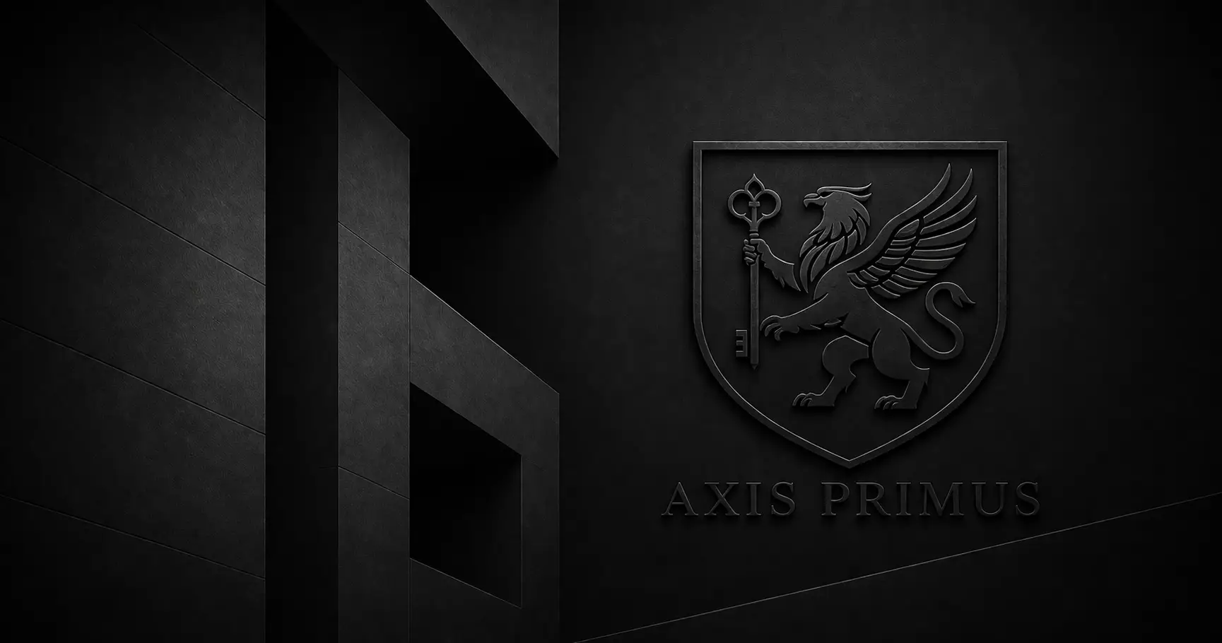 Emblème noir d'un griffon tenant une clé dans un écusson avec le texte AXIS PRIMUS en dessous.