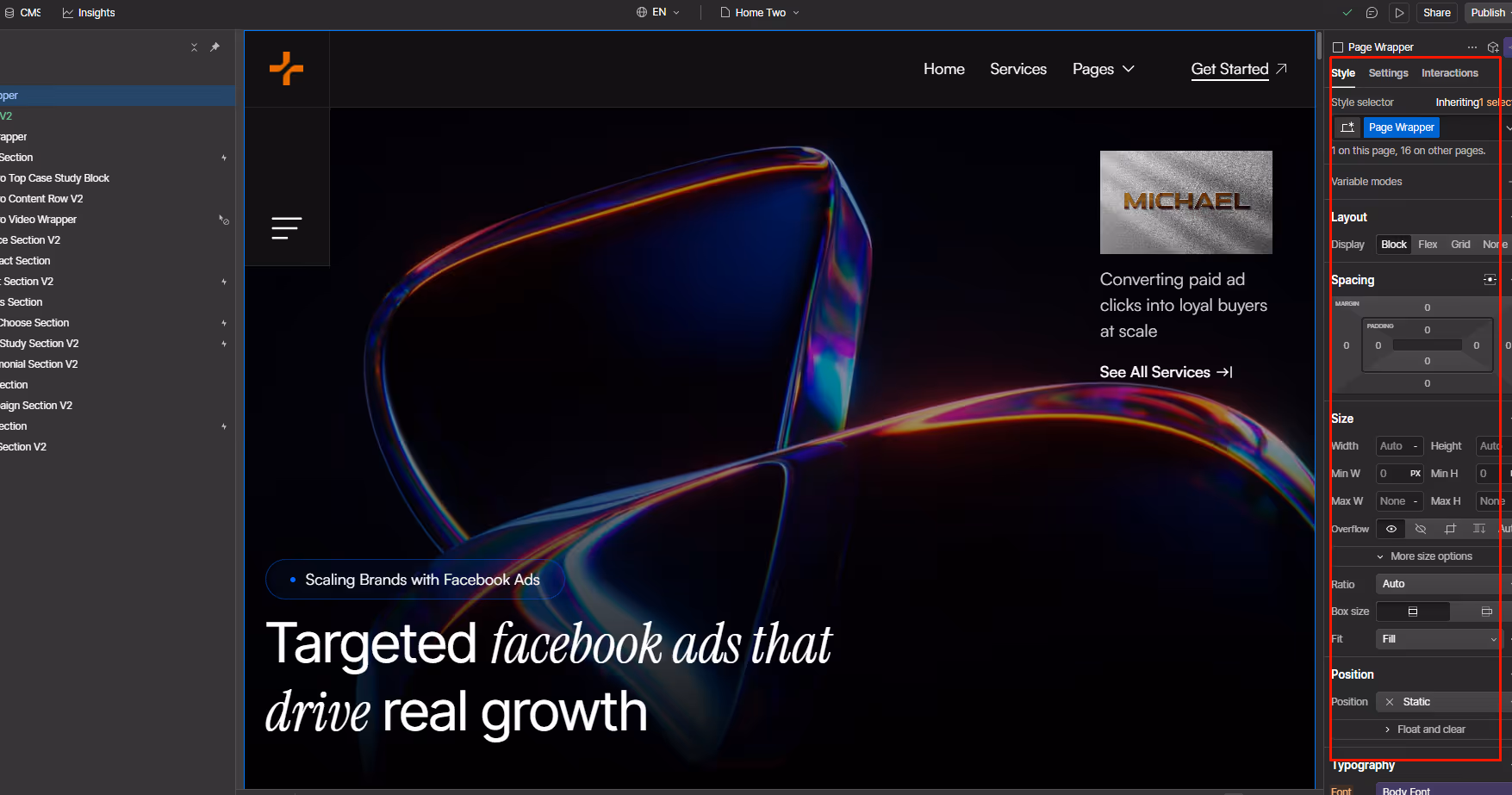 Web design interface showing a dark-themed page with the heading 'Targeted facebook ads that drive real growth' and a style panel on the right.