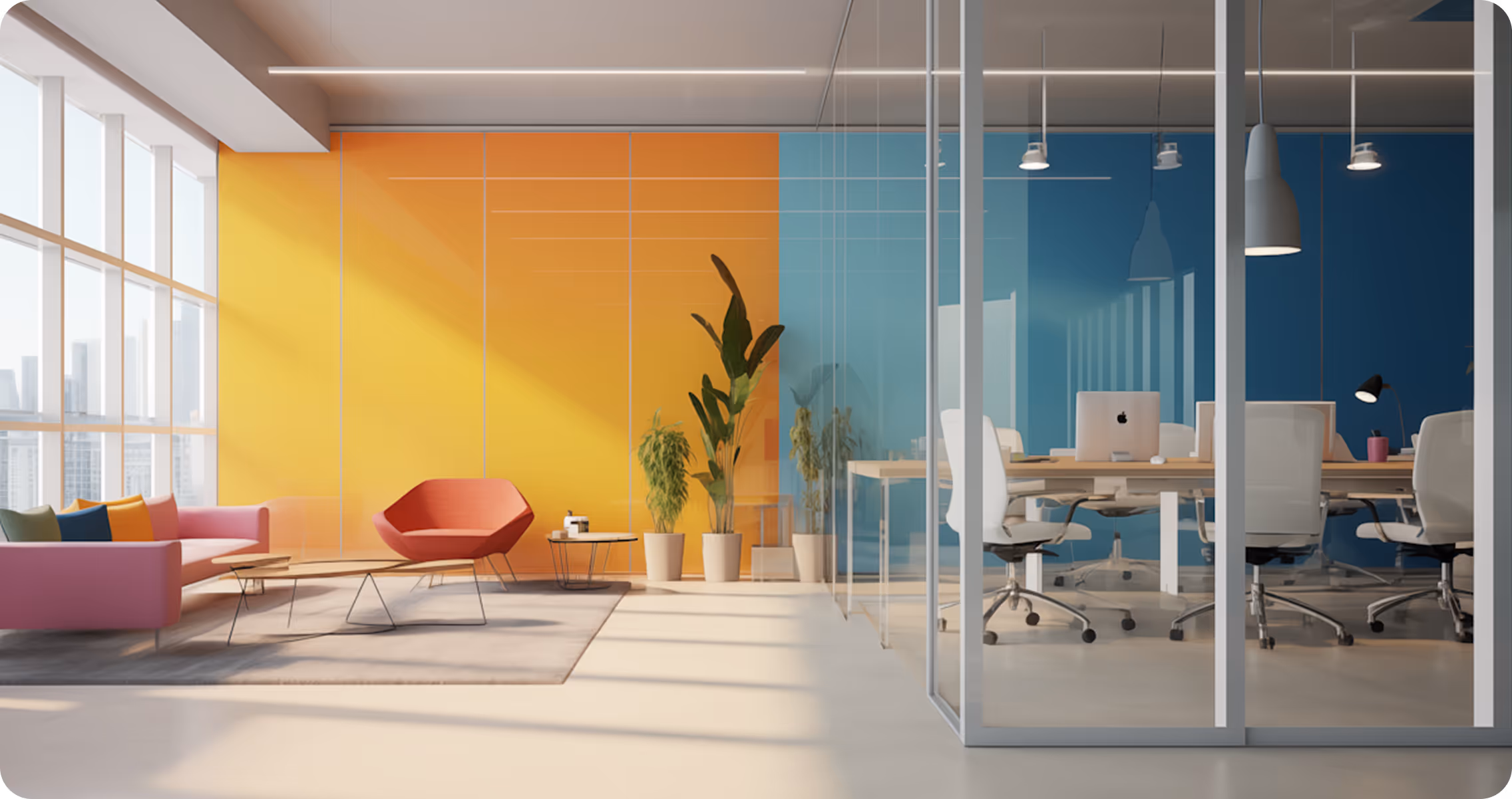 Modern office space with colorful accent walls, a glass-walled meeting room, and seating area with a pink sofa and red chair.