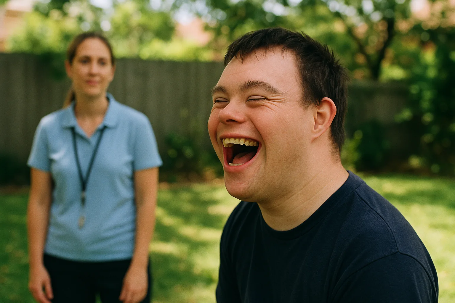 NDIS participant laughing outdoors with support worker