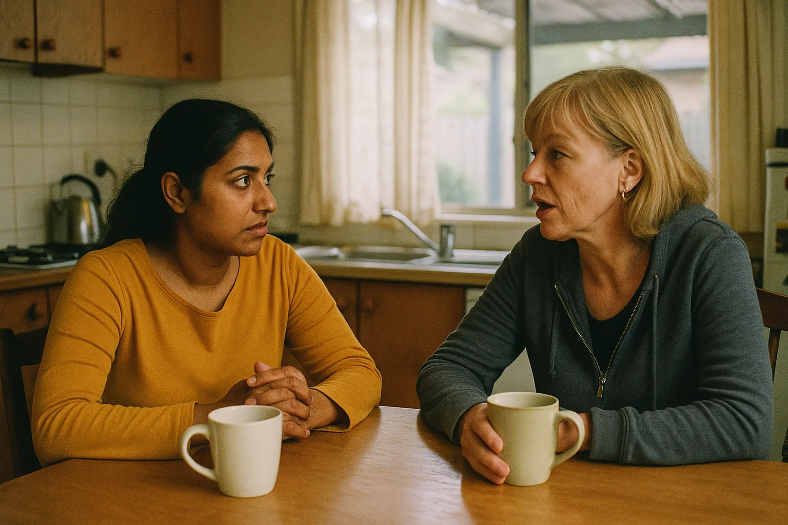 Two women in conversation at a kitchen table